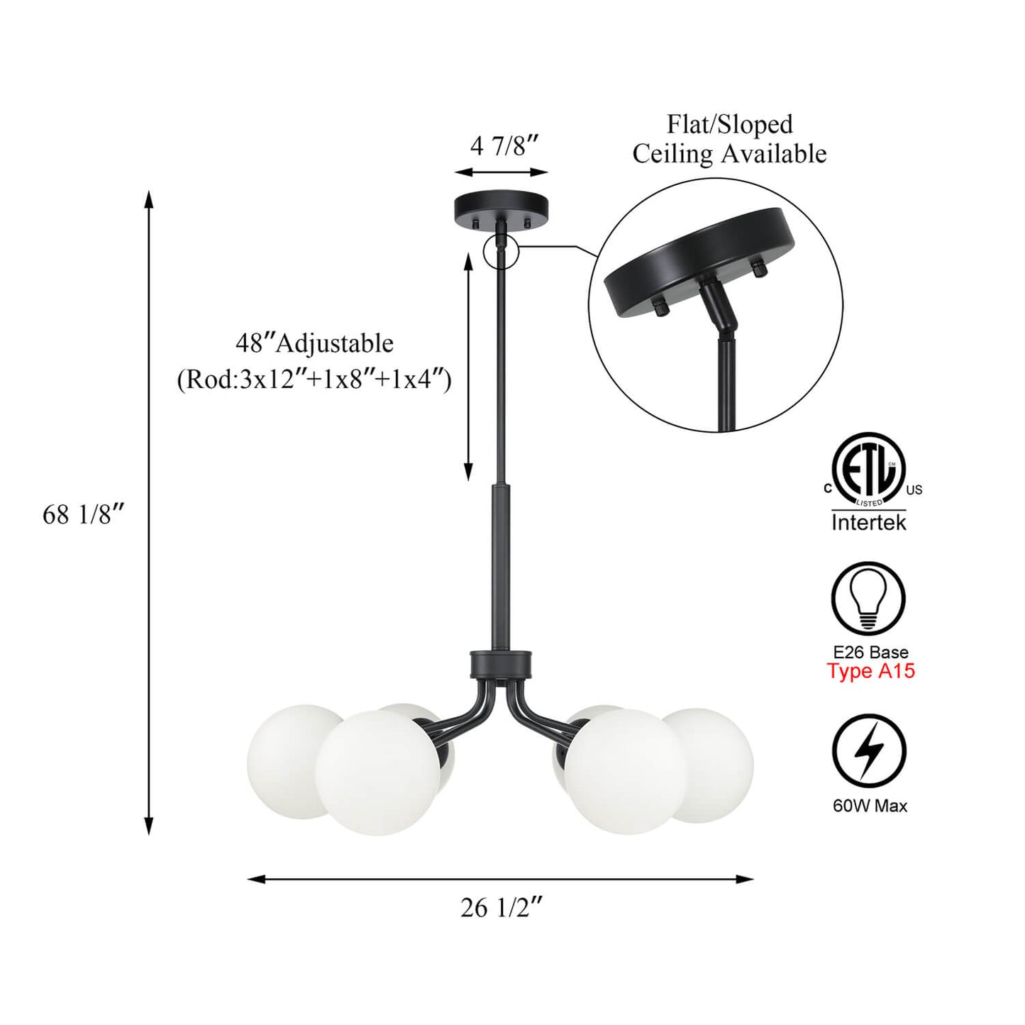 Mid-Century Modern Black Globe 6-Light Chandelier