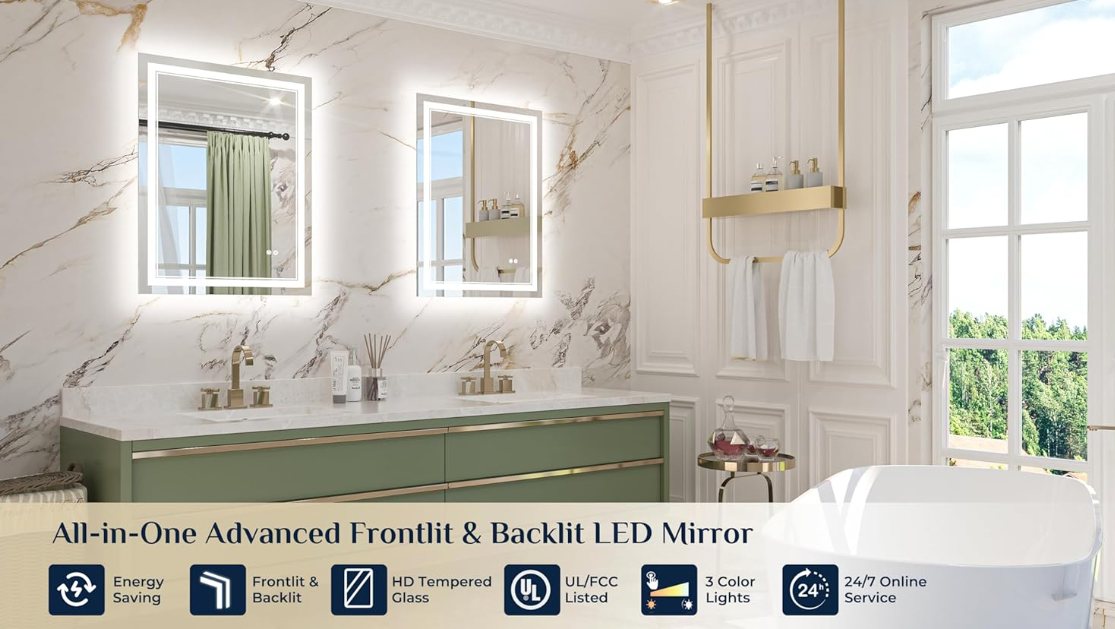 Commercial LED Vanity Mirror – Brushed Frame Hotel Bathroom LED Mirror with Anti-Fog | LG066