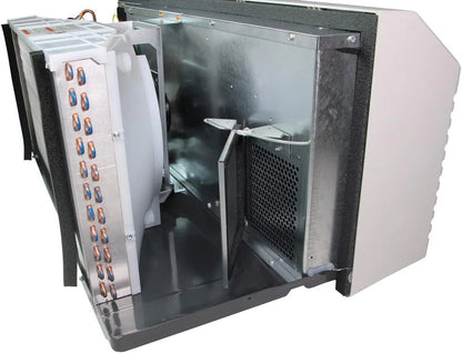 Internal view of R-32 eco-refrigerant compressor and dual fan motors in J-Series PTAC