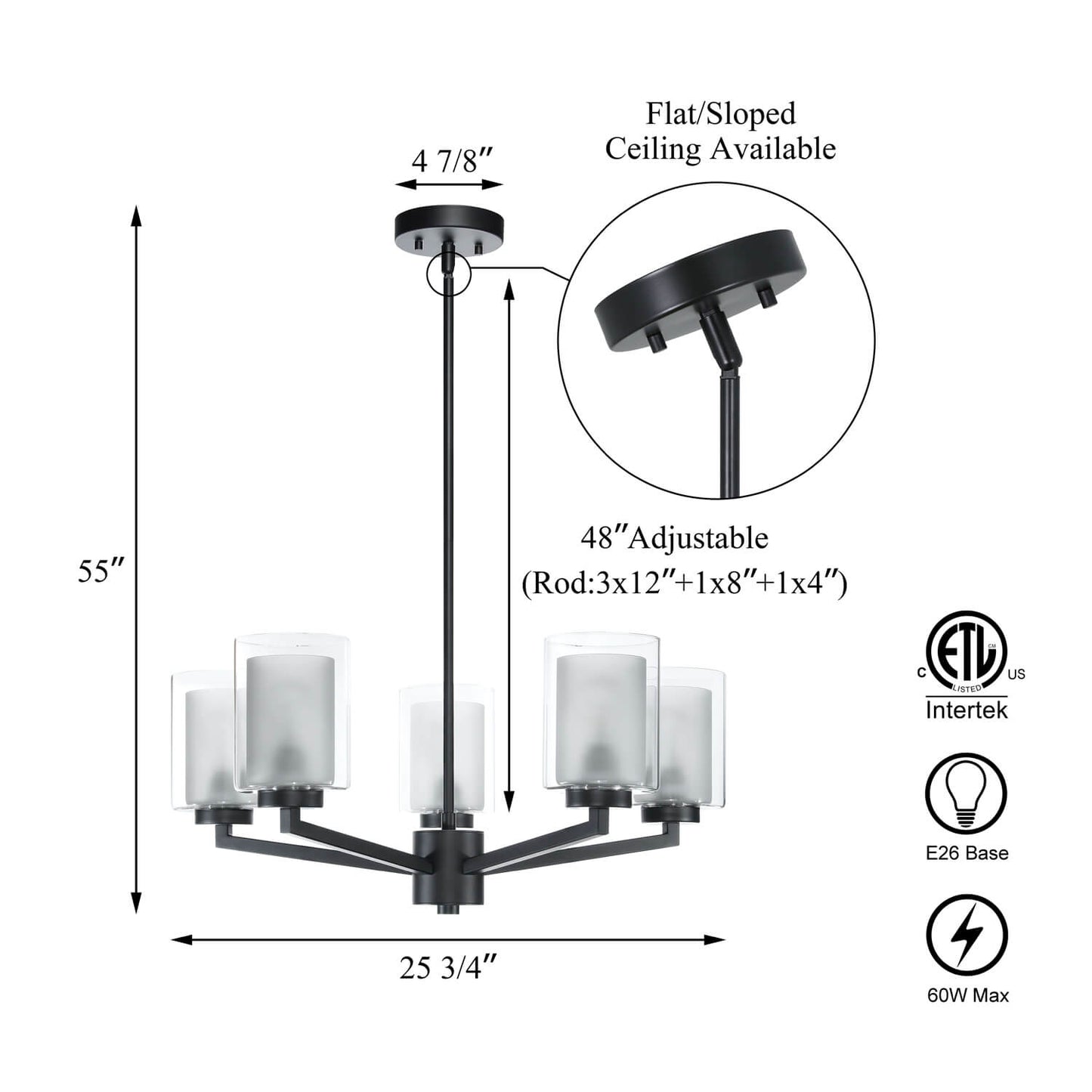 Black Farmhouse 5-Light Glass Chandelier