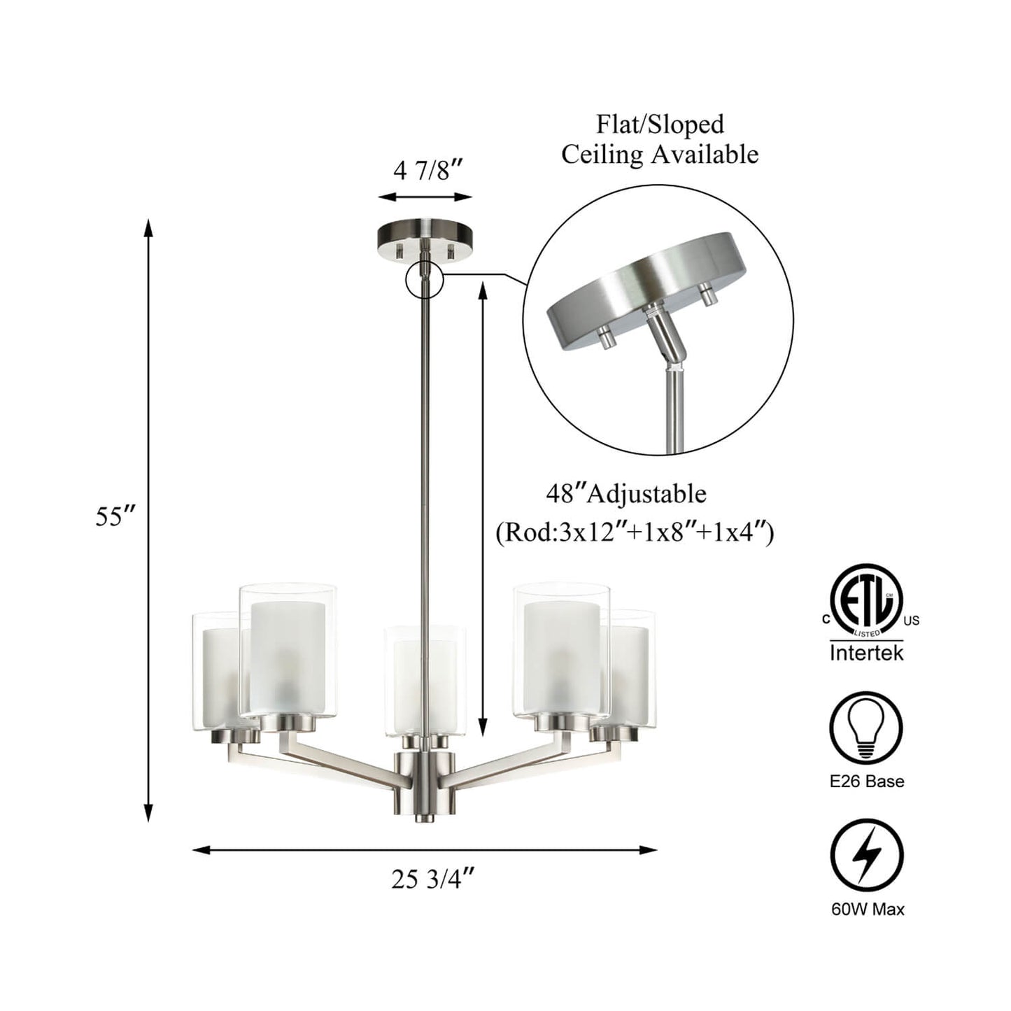 Modern Brushed Nickel 5-Light Glass Chandelier
