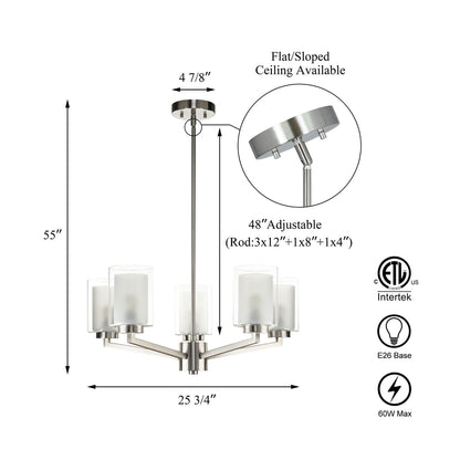 Modern Brushed Nickel 5-Light Glass Chandelier