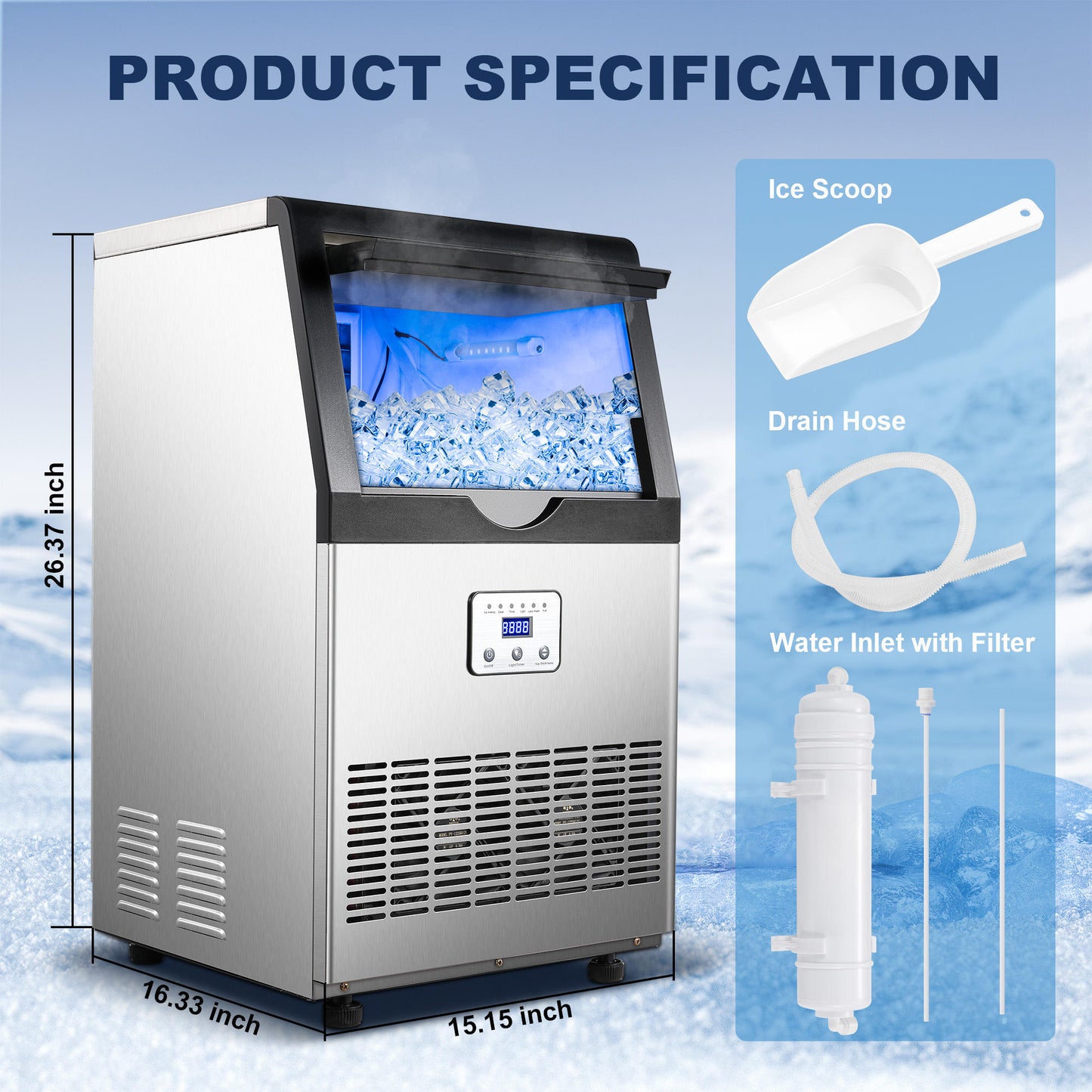 Commercial Ice Maker – 100 lbs/24H Stainless Steel Ice Machine for Hotels, Motels, Airbnb & Hospitality