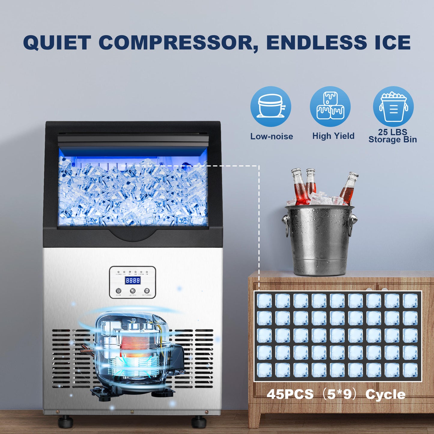Commercial Ice Maker – 100 lbs/24H Stainless Steel Ice Machine for Hotels, Motels, Airbnb & Hospitality