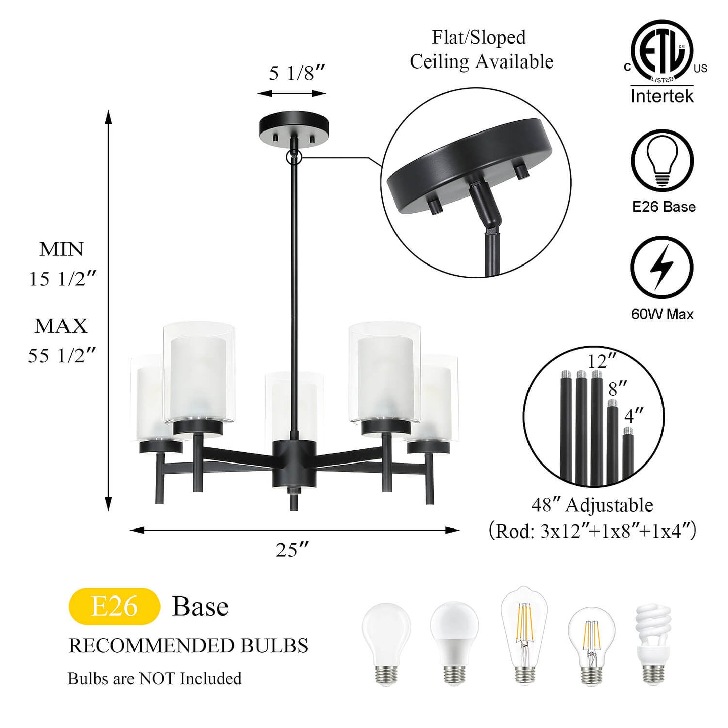 Modern Black 5-Light Glass Dining Room Chandelier