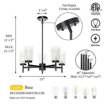 Modern Black 5-Light Glass Dining Room Chandelier