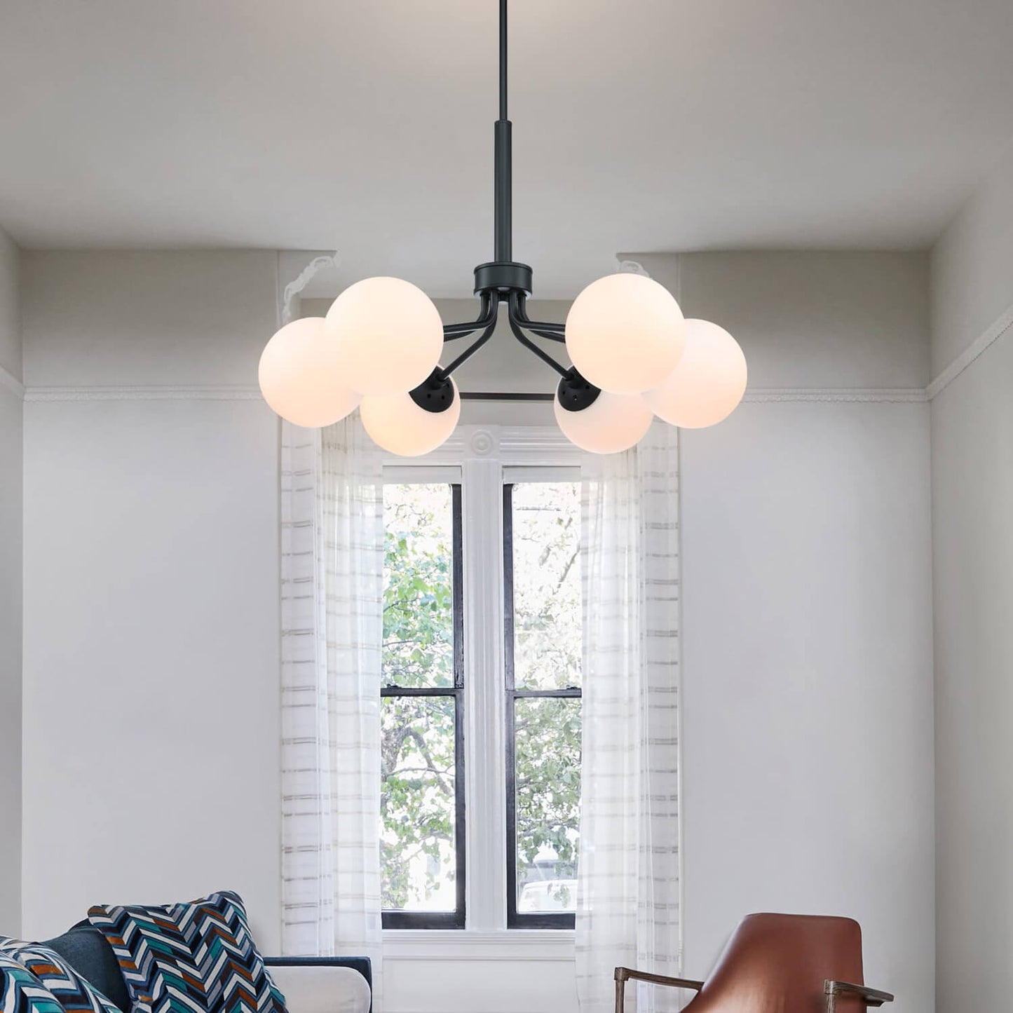 Mid-Century Modern Black Globe 6-Light Chandelier