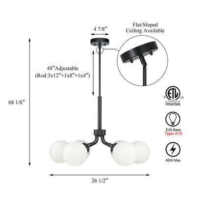 Mid-Century Modern Black Globe 6-Light Chandelier