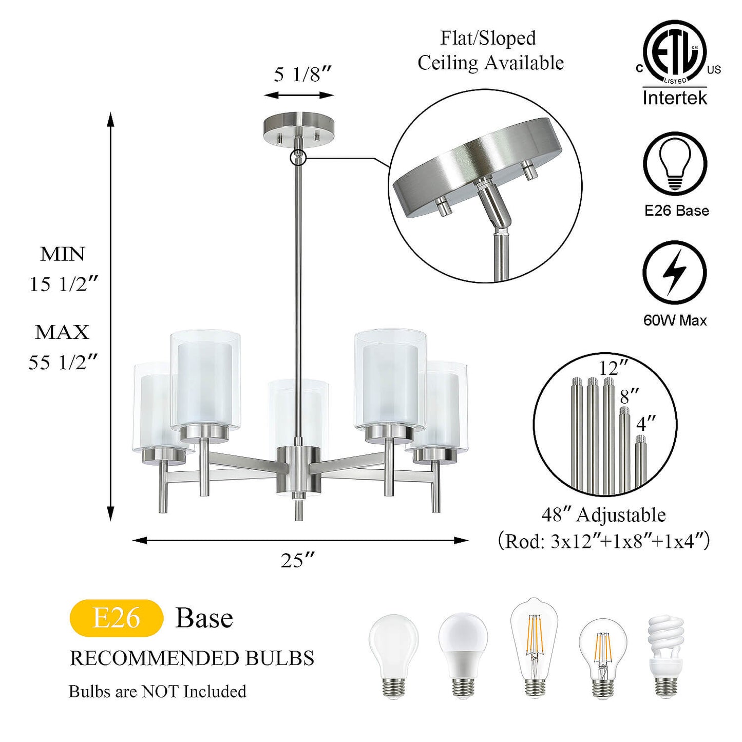 Modern Brushed Nickel 5-Light Glass Pendant Chandelier