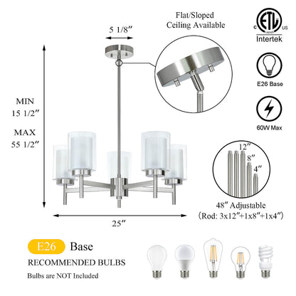Modern Brushed Nickel 5-Light Glass Pendant Chandelier