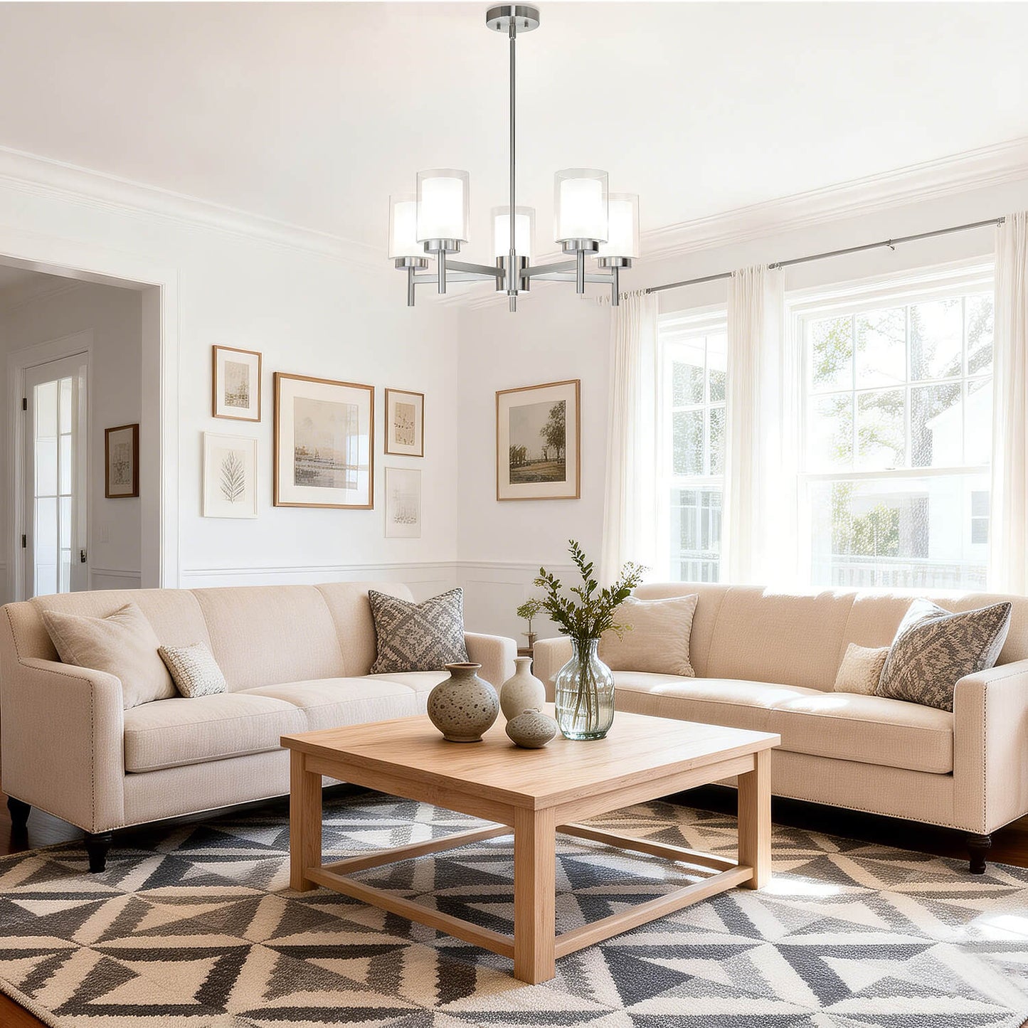 Modern Brushed Nickel 5-Light Glass Pendant Chandelier