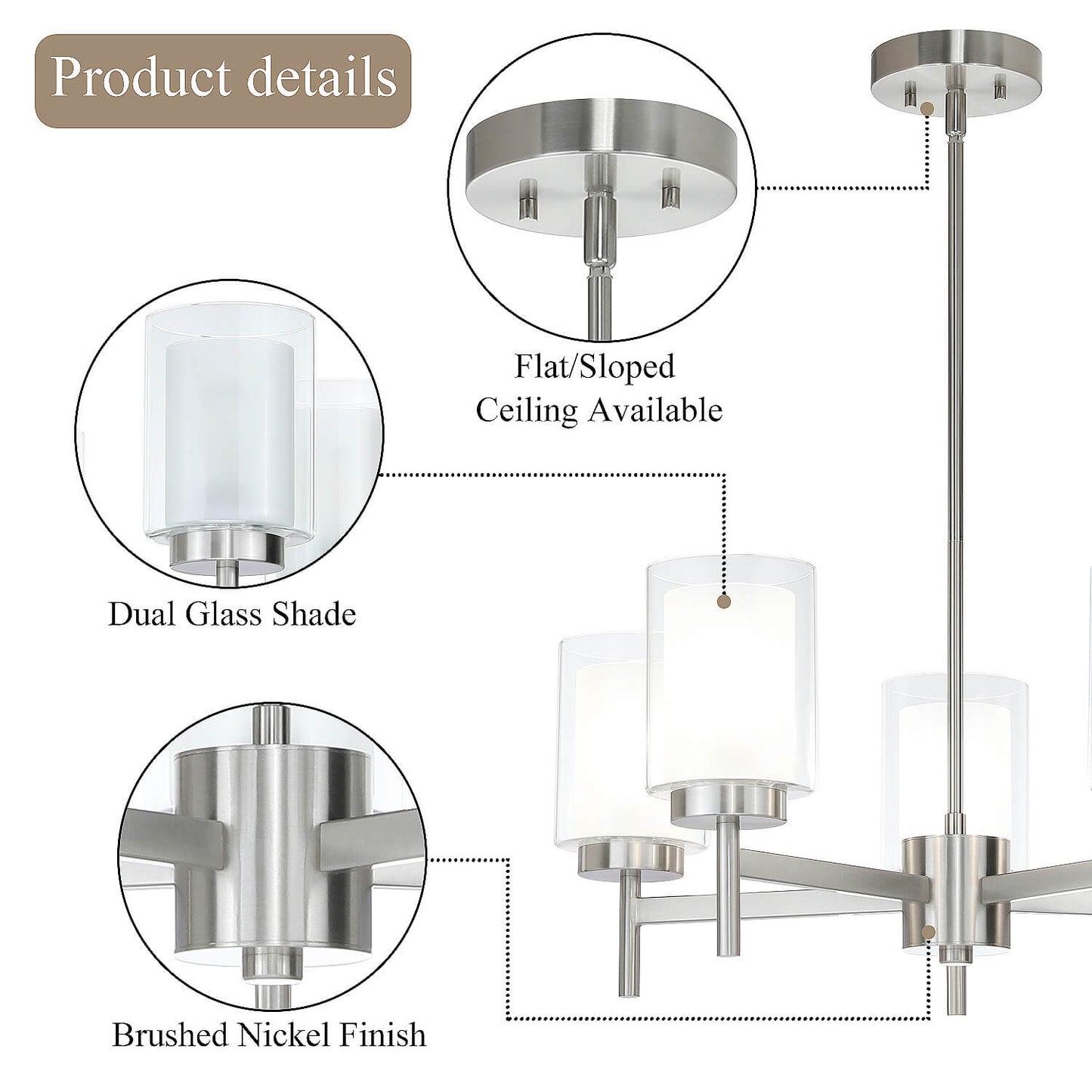 Modern Brushed Nickel 5-Light Glass Pendant Chandelier