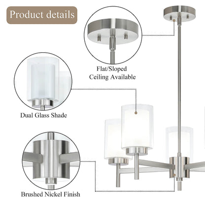 Modern Brushed Nickel 5-Light Glass Pendant Chandelier